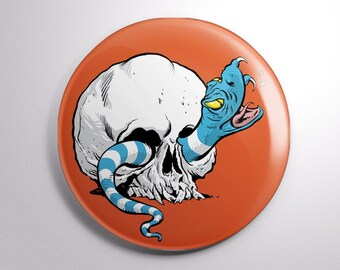 SKULL AND SNAKE halloween  2.25" button Bill Hauser Art