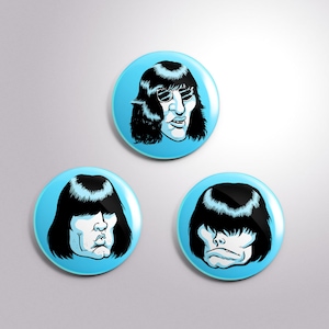 May include: Three blue round buttons with white outlines. Each button features a black and white cartoon illustration of a person with a short, black hairstyle.