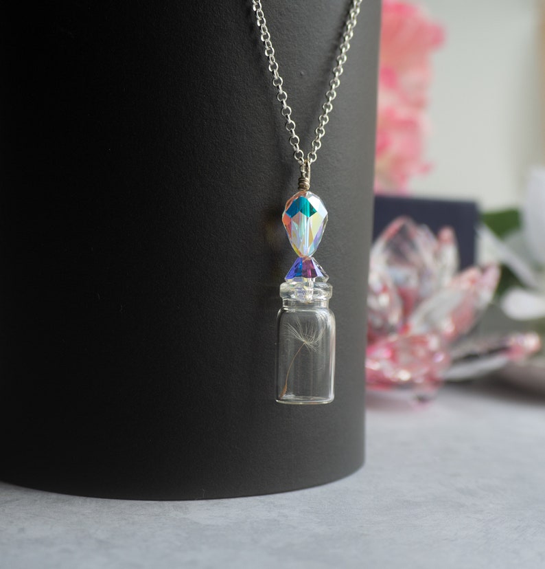 Dandelion Necklace Bottle Necklace Gifts For Mom First Mothers Day Gift Crystal Pendant Crystal Jewelry Dandelion Jewelry