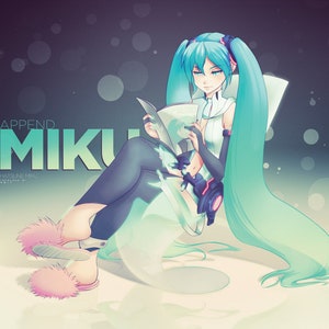 May include: A digital illustration of an anime character with turquoise hair, wearing a white and black outfit. The character is sitting on a fluffy white cloud, holding a book and looking thoughtful. The background is a soft, blurred gradient of blue and purple.