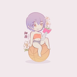 May include: A cartoon illustration of a girl with purple hair sitting on a basketball. She is wearing a red crop top, blue denim shorts, and a white bandage on her arm. She is holding a pink book and there are white flowers behind her. The text "神原" is written in black on a white background.