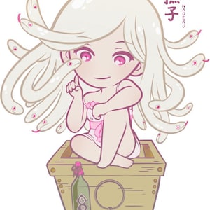 May include: Illustration of a cartoon character with white hair styled with snake-like tendrils, pink eyes, and a pink outfit. The character is sitting on a wooden box, with a green bottle in front. The image includes Japanese text.