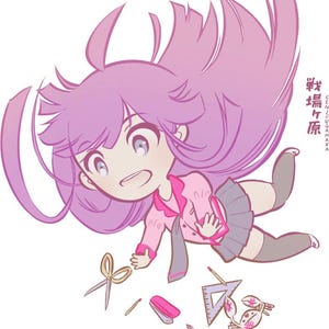 May include: A cartoon illustration of a girl with long purple hair, wearing a pink shirt, a black skirt, and black shoes. She is floating in the air with school supplies scattered around her, including a pair of scissors, a ruler, a pencil, and a stapler. The text "学校 片原" is written in Japanese on the right side of the image.