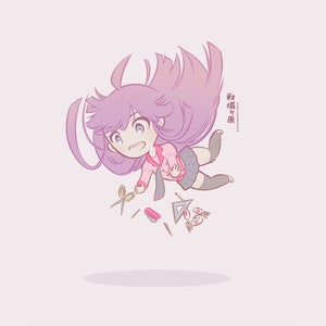 May include: A cartoon illustration of a girl with purple hair falling with school supplies, including scissors, a ruler, a pencil, and a stapler. The text "学校で頑張る" is written in Japanese on the right side of the image.