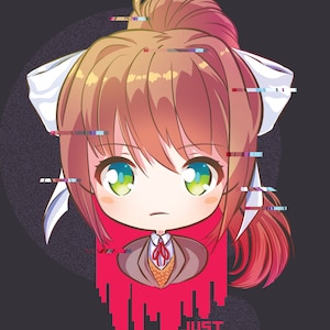 Puede incluir: Una ilustración digital de arte de una chica de dibujos animados de anime con cabello castaño, ojos verdes y un lazo blanco. La chica lleva una chaqueta marrón con una corbata roja. El fondo es negro con un efecto de glitch. El texto "JUST ME" está escrito en blanco debajo de la chica.
