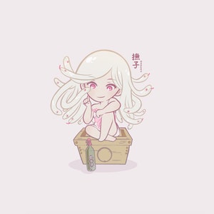 May include: A cartoon illustration of a white-haired girl with snakes for hair sitting on a wooden box. The girl is wearing a pink dress and holding a bottle of sake. The text "無子" is written in Japanese on the right side of the image.