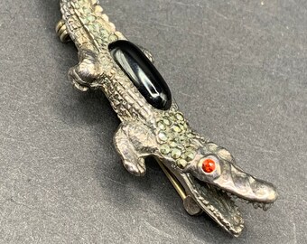 Sterling Silver Crocodile Brooch with Stone