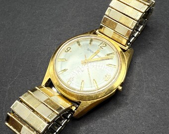 Montre Bracelet Homme Automatique ELGIN Des Années 1960 - Mécanique, Cadran Argenté, Bracelet Marron