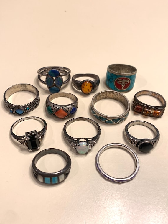 12 Vintage / Antique Sterling Silver Rings Some Na