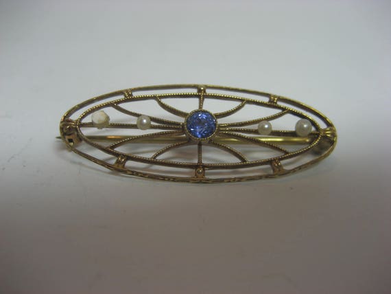 Antique Vintage Ornate Solid 10K Gold Brooch, Pea… - image 1