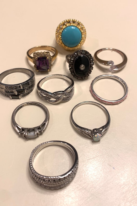 10 Vintage / Antique Sterling Silver Rings Gem