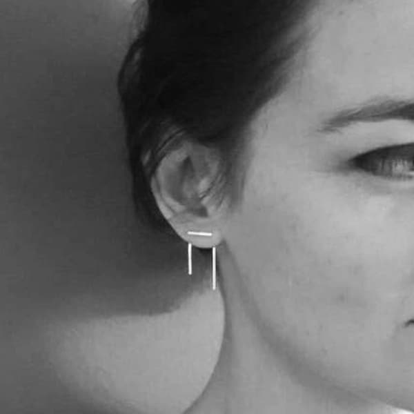 Bar earring with earring jacket; sterling silver or gold filled bar earrings with modern vertical bar earring jacket. Two in one earring!