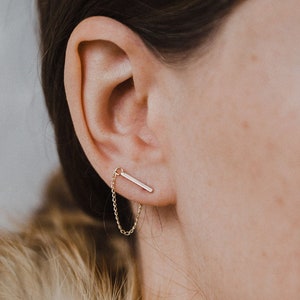 Bar Earrings with chain; Sterling Silver Bar Earrings; Stocking stuffer; Gold line earrings; gold bar chain earrings; 14k gold filled square