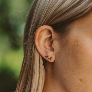 May include: A woman with blonde hair wearing a gold chain necklace and a small gold hoop nose ring. She is wearing two small gold earrings in her left ear.
