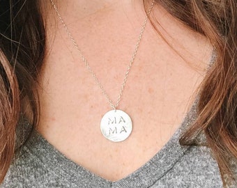 Mama necklace; gifts for mom; gifts for her; mother's gift; coin necklace; circle necklace; silver mom necklace; gold mama necklace