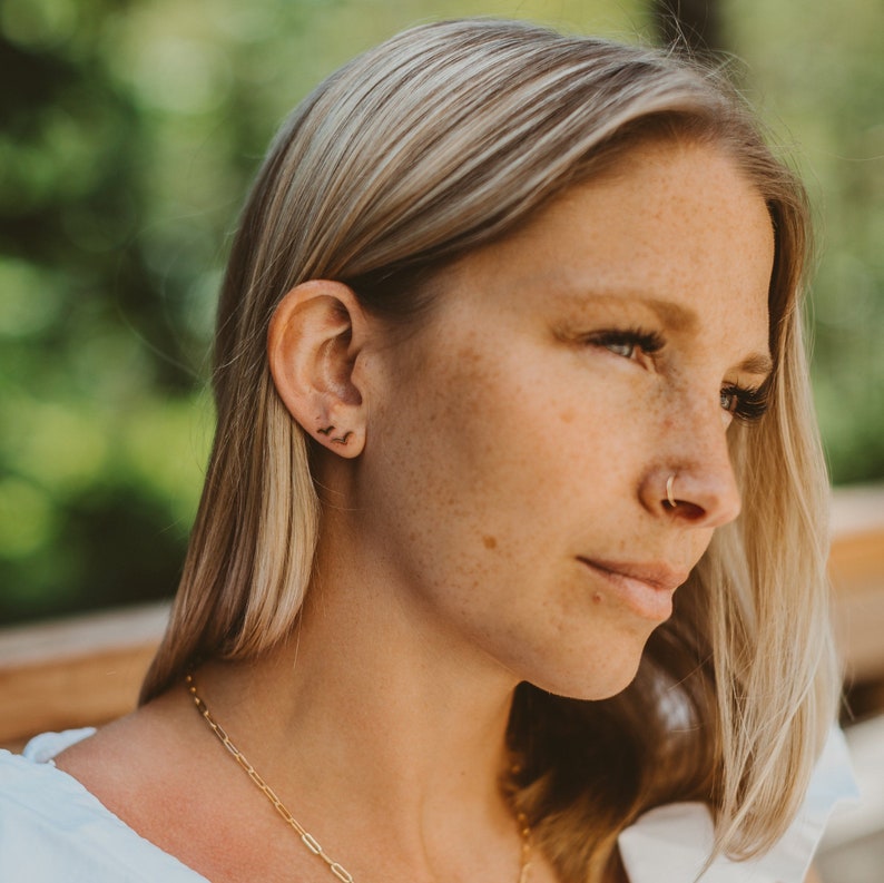 Pode incluir: Uma mulher com cabelo loiro usando um colar de corrente de ouro e um pequeno aro de ouro no nariz. Ela est&aacute; usando dois pequenos brincos de ouro na orelha esquerda.