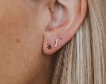 Bar earrings; gold bar earrings; stud earrings; line earrings; tiny stud earrings; small stud earrings; small gold earrings; gold studs;