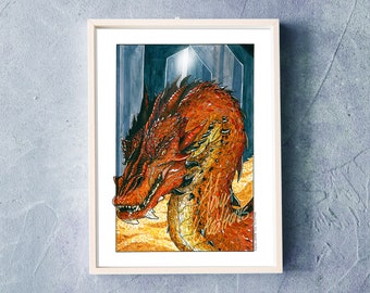 King under the Mountain Watercolour painting Art Print Poster - The Red Dragon Wyvern - the Inpenetrable, the Terrible, the Dreadful