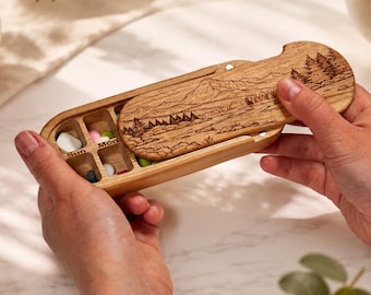 Wooden 7 Day AM PM Pill Organizer, Personalized Weekly Vitamin Case, Engraved Mountain Pill Box