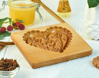 Gingerbread mold pattern carved. Heart with flowers. Wooden cookie cutter. Baking Springerle stamp