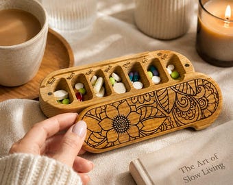 Chamomile Wooden Pill Box, 7 Day Vitamin Organizer, Custom Eco Case