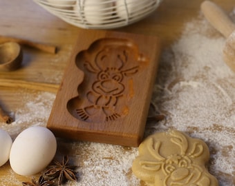 Molde para hornear pan de jengibre "Ciervo navideño". Tallado en haya. Molde para galletas.
