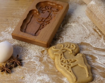 Molde de madera tallado para galletas de jengibre con forma de ciervo navideño. Prensa para estampar pasteles. Cortador de galletas de madera.