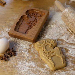 Christmas deer Wood carved gingerbread cookie mold. Press for stamp cake. Wooden cookie cutter.