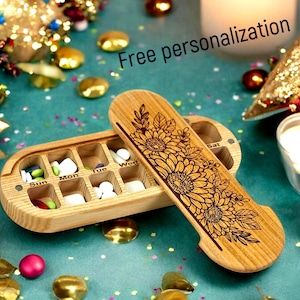 Personalized Wooden Weekly Pill Organizer: Magnetic Cherry Lid, Ash Wood Base