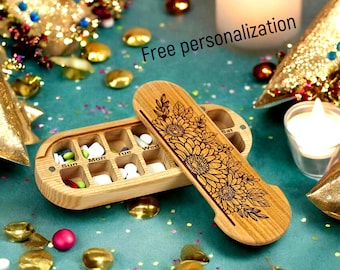 Personalized Wooden Weekly Pill Organizer: Magnetic Cherry Lid, Ash Wood Base