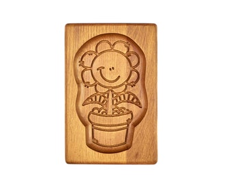 Carved mold gingerbread "Flower smiley". Wooden biscuit stamp. Baking mold shortbread