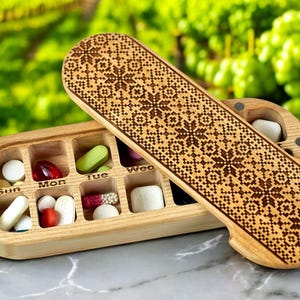 Folk-8 Wooden Pill Box 7 Day Pill Organizer Morning Evening Pill Box Vitamin Box