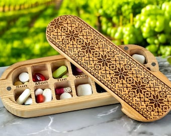 Folk Art Wood 7-Day Pill Box, Morning Evening Organizer N18