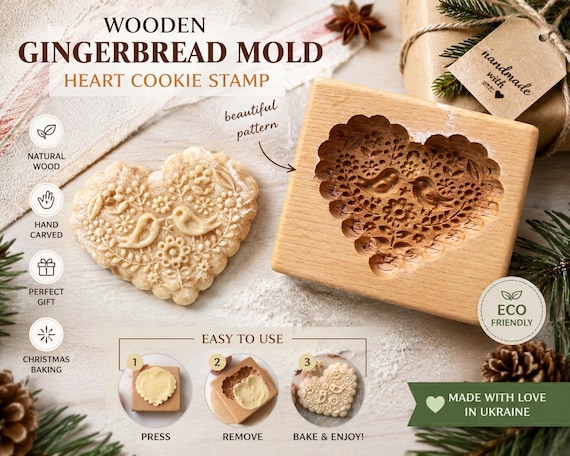 Wooden Gingerbread Mold Heart Cookie Mold Springerle Mold Embossed Cookie Stamp Christmas Baking Gift Folk Cookie Form