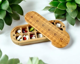 Wooden 7-Day Pill Organizer with Magnetic Cherry Lid, Personalized