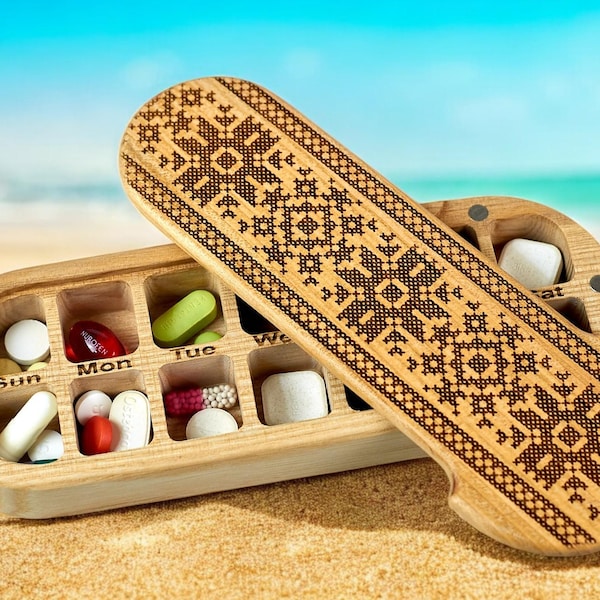 Folk Wooden Pill Box, 7-Day Organizer, Custom Eco Pill Case