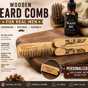 Peut inclure: Un peigne à barbe pliable en bois avec un motif de casque viking gravé au laser sur le manche. Le peigne est présenté avec une bouteille d'huile à barbe. Le texte sur l'image inclut WOODEN BEARD COMB FOR REAL MEN, NATURAL WOOD, HANDMADE et PERSONALIZATION.