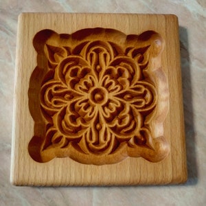Gingerbread mold pattern carved. Pattern # 1. Wooden cookie cutter. Baking Springerle stamp