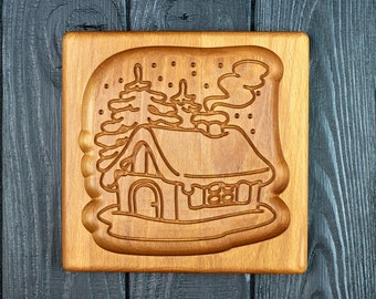 Gingerbread decor House mold. Carved Christmas wooden form for gingerbread cookie 6634