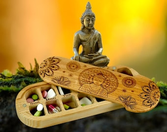 Wooden Pill Organizer Buddha, 7 Day AM PM Pill Box, Meditation Gift, Gift for Mom Grandma, Aesthetic Vitamin Organizer, Eco Friendly