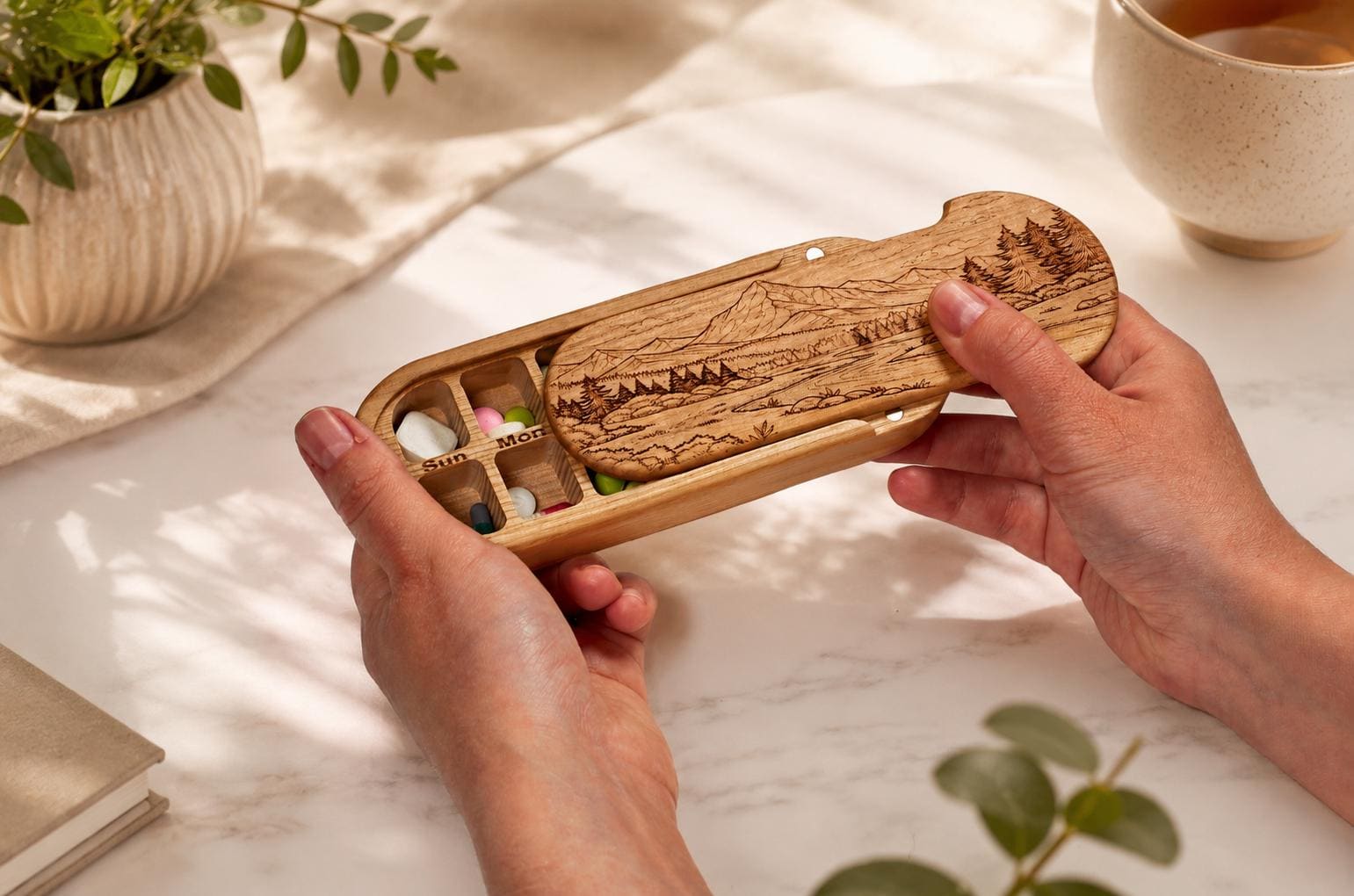 Wooden 7 Day AM PM Pill Organizer, Personalized Weekly Vitamin Case, Engraved Mountain Pill Box