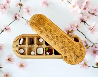 Eco-Friendly Wooden Pill Box with 14 Compartments for Storage Buttercups-2