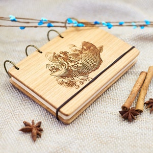 Notizbuch aus Holz Personalisiertes Journal Graviertes Notizbuch Personalisiertes Notizbuch Benutzerdefiniertes Skizzenbuch Cover Travelers Notebook Gold Fish