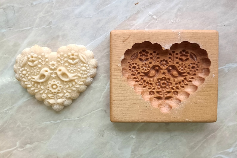 Wooden Gingerbread Mold Heart Cookie Mold Springerle Mold Embossed Cookie Stamp Christmas Baking Gift Folk Cookie Form image 2