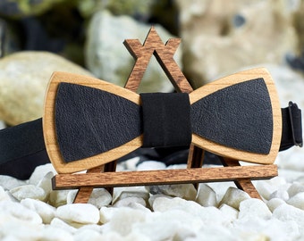 Bow Tie Leather Wooden Bow Tie Mens Bow Tie Rustic Wedding Wood Bow Tie Custom Bow Tie Engraved Bow Tie Best Man Gift Leather Bow Tie