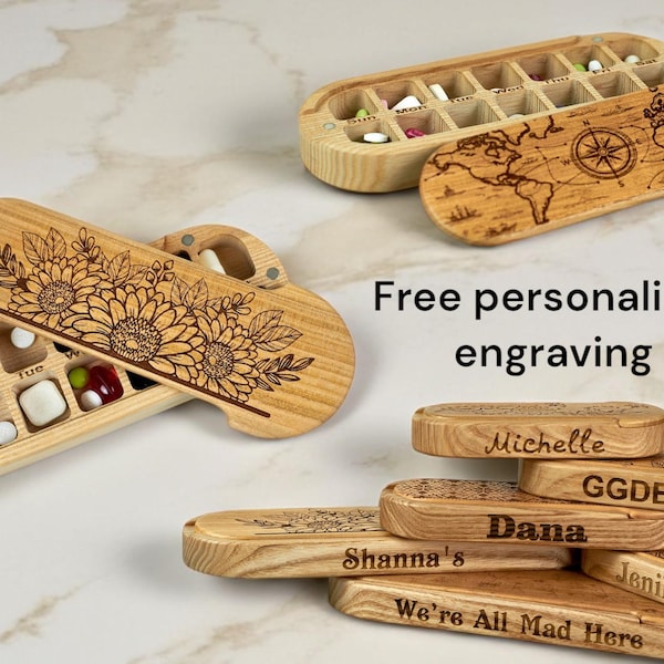 Wooden Pill Box with Free Personalization 14 Slots AM - PM Pill Organizer and Vitamins