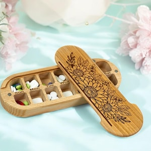 Weekly Double Pill Organizer 7 Day Pill Box Wooden Pill Box Morning Evening Pill Case Sunflower-2