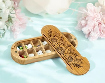 Sunflower Wood Pill Box, Weekly Double Pill Organizer