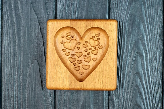 Shortbread Mold Hearts. Carved Wooden Form for Baking Gingerbread