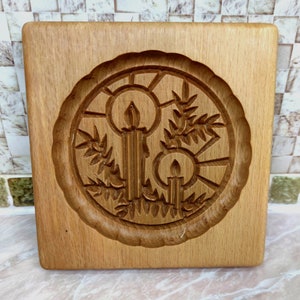 Gingerbread mold pattern carved. Two candles. Wooden cookie cutter. Baking Springerle stamp 8473